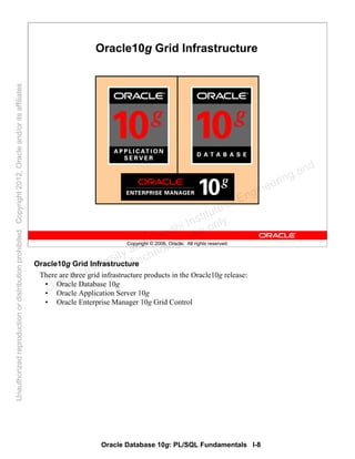 Oracle Database 10g: PL/SQL Fundamentals I-8
Copyright © 2006, Oracle. All rights reserved.
Oracle10g Grid Infrastructure
Oracle10g Grid Infrastructure
There are three grid infrastructure products in the Oracle10g release:
• Oracle Database 10g
• Oracle Application Server 10g
• Oracle Enterprise Manager 10g Grid Control
Oracle University and Gandhi Institute of Engineering and
Technology use onlyฺ
UnauthorizedreproductionordistributionprohibitedฺCopyright2012,Oracleand/oritsaffiliatesฺ
 