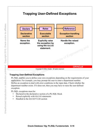 Oracle Database 10g: PL/SQL Fundamentals 8-18
Copyright © 2006, Oracle. All rights reserved.
Trapping User-Defined Exceptions
Declarative
section
Name the
exception.
Executable
section
Explicitly raise
the exception by
using the RAISE
statement.
Exception-handling
section
Handle the raised
exception.
Raise ReferenceDeclare
Trapping User-Defined Exceptions
PL/SQL enables you to define your own exceptions depending on the requirements of your
application. For example, you may prompt the user to enter a department number.
Define an exception to deal with error conditions in the input data. Check whether the
department number exists. If it does not, then you may have to raise the user-defined
exception.
PL/SQL exceptions must be:
• Declared in the declarative section of a PL/SQL block
• Raised explicitly with RAISE statements
• Handled in the EXCEPTION section
Oracle University and Gandhi Institute of Engineering and
Technology use onlyฺ
UnauthorizedreproductionordistributionprohibitedฺCopyright2012,Oracleand/oritsaffiliatesฺ
 