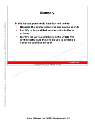 Oracle Database 10g: PL/SQL Fundamentals I-13
Copyright © 2006, Oracle. All rights reserved.
Summary
In this lesson, you should have learned how to:
• Describe the course objectives and course agenda
• Identify tables and their relationships in the hr
schema
• Identify the various products in the Oracle 10g
grid infrastructure that enable you to develop a
complete business solution
Oracle University and Gandhi Institute of Engineering and
Technology use onlyฺ
UnauthorizedreproductionordistributionprohibitedฺCopyright2012,Oracleand/oritsaffiliatesฺ
 