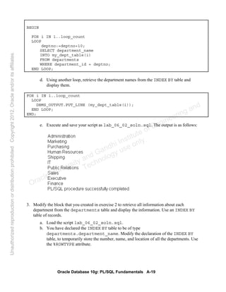 Oracle Database 10g: PL/SQL Fundamentals A-19
BEGIN
FOR i IN 1..loop_count
LOOP
deptno:=deptno+10;
SELECT department_name
INTO my_dept_table(i)
FROM departments
WHERE department_id = deptno;
END LOOP;
d. Using another loop, retrieve the department names from the INDEX BY table and
display them.
FOR i IN 1..loop_count
LOOP
DBMS_OUTPUT.PUT_LINE (my_dept_table(i));
END LOOP;
END;
e. Execute and save your script as lab_06_02_soln.sql. The output is as follows:
3. Modify the block that you created in exercise 2 to retrieve all information about each
department from the departments table and display the information. Use an INDEX BY
table of records.
a. Load the script lab_06_02_soln.sql.
b. You have declared the INDEX BY table to be of type
departments.department_name. Modify the declaration of the INDEX BY
table, to temporarily store the number, name, and location of all the departments. Use
the %ROWTYPE attribute.
Oracle University and Gandhi Institute of Engineering and
Technology use onlyฺ
UnauthorizedreproductionordistributionprohibitedฺCopyright2012,Oracleand/oritsaffiliatesฺ
 