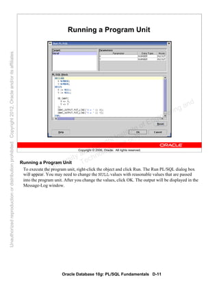 Oracle Database 10g: PL/SQL Fundamentals D-11
Copyright © 2006, Oracle. All rights reserved.
Running a Program Unit
Running a Program Unit
To execute the program unit, right-click the object and click Run. The Run PL/SQL dialog box
will appear. You may need to change the NULL values with reasonable values that are passed
into the program unit. After you change the values, click OK. The output will be displayed in the
Message-Log window.
Oracle University and Gandhi Institute of Engineering and
Technology use onlyฺ
UnauthorizedreproductionordistributionprohibitedฺCopyright2012,Oracleand/oritsaffiliatesฺ
 