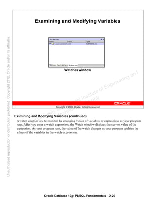 Oracle Database 10g: PL/SQL Fundamentals D-20
Copyright © 2006, Oracle. All rights reserved.
Examining and Modifying Variables
Watches window
Examining and Modifying Variables (continued)
A watch enables you to monitor the changing values of variables or expressions as your program
runs. After you enter a watch expression, the Watch window displays the current value of the
expression. As your program runs, the value of the watch changes as your program updates the
values of the variables in the watch expression.
Oracle University and Gandhi Institute of Engineering and
Technology use onlyฺ
UnauthorizedreproductionordistributionprohibitedฺCopyright2012,Oracleand/oritsaffiliatesฺ
 