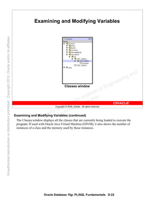 Oracle Database 10g: PL/SQL Fundamentals D-22
Copyright © 2006, Oracle. All rights reserved.
Examining and Modifying Variables
Classes window
Examining and Modifying Variables (continued)
The Classes window displays all the classes that are currently being loaded to execute the
program. If used with Oracle Java Virtual Machine (OJVM), it also shows the number of
instances of a class and the memory used by those instances.Oracle University and Gandhi Institute of Engineering and
Technology use onlyฺ
UnauthorizedreproductionordistributionprohibitedฺCopyright2012,Oracleand/oritsaffiliatesฺ
 