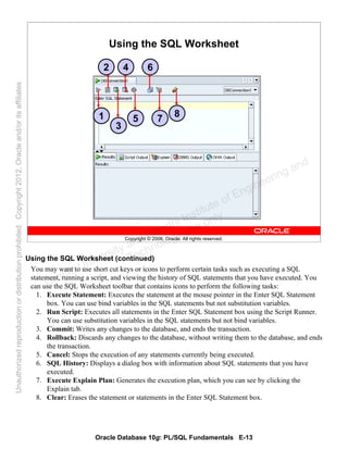 Oracle Database 10g: PL/SQL Fundamentals E-13
Copyright © 2006, Oracle. All rights reserved.
Using the SQL Worksheet
1
2
3
4
5
6
7 8
Using the SQL Worksheet (continued)
You may want to use short cut keys or icons to perform certain tasks such as executing a SQL
statement, running a script, and viewing the history of SQL statements that you have executed. You
can use the SQL Worksheet toolbar that contains icons to perform the following tasks:
1. Execute Statement: Executes the statement at the mouse pointer in the Enter SQL Statement
box. You can use bind variables in the SQL statements but not substitution variables.
2. Run Script: Executes all statements in the Enter SQL Statement box using the Script Runner.
You can use substitution variables in the SQL statements but not bind variables.
3. Commit: Writes any changes to the database, and ends the transaction.
4. Rollback: Discards any changes to the database, without writing them to the database, and ends
the transaction.
5. Cancel: Stops the execution of any statements currently being executed.
6. SQL History: Displays a dialog box with information about SQL statements that you have
executed.
7. Execute Explain Plan: Generates the execution plan, which you can see by clicking the
Explain tab.
8. Clear: Erases the statement or statements in the Enter SQL Statement box.
Oracle University and Gandhi Institute of Engineering and
Technology use onlyฺ
UnauthorizedreproductionordistributionprohibitedฺCopyright2012,Oracleand/oritsaffiliatesฺ
 