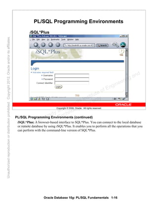 Oracle Database 10g: PL/SQL Fundamentals 1-16
Copyright © 2006, Oracle. All rights reserved.
PL/SQL Programming Environments
iSQL*Plus
PL/SQL Programming Environments (continued)
iSQL*Plus: A browser-based interface to SQL*Plus. You can connect to the local database
or remote database by using iSQL*Plus. It enables you to perform all the operations that you
can perform with the command-line version of SQL*Plus.Oracle University and Gandhi Institute of Engineering and
Technology use onlyฺ
UnauthorizedreproductionordistributionprohibitedฺCopyright2012,Oracleand/oritsaffiliatesฺ
 