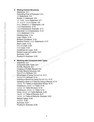 5 Writing Control Structures
Objectives 5-2
Controlling Flow of Execution 5-3
IF Statements 5-4
Simple IF Statement 5-6
IF THEN ELSE Statement 5-7
IF ELSIF ELSE Clause 5-8
NULL Values in IF Statements 5-9
CASE Expressions 5-10
CASE Expressions: Example 5-11
Searched CASE Expressions 5-12
CASE Statement 5-13
Handling Nulls 5-14
Logic Tables 5-15
Boolean Conditions 5-16
Iterative Control: LOOP Statements 5-17
Basic Loops 5-18
WHILE Loops 5-20
FOR Loops 5-22
Guidelines for Loops 5-26
Nested Loops and Labels 5-27
Summary 5-29
Practice 5: Overview 5-30
6 Working with Composite Data Types
Objectives 6-2
Composite Data Types 6-3
PL/SQL Records 6-5
Creating a PL/SQL Record 6-6
PL/SQL Record Structure 6-8
%ROWTYPE Attribute 6-9
Advantages of Using %ROWTYPE 6-11
%ROWTYPE Attribute 6-12
Inserting a Record by Using %ROWTYPE 6-13
Updating a Row in a Table by Using a Record 6-14
INDEX BY Tables or Associative Arrays 6-15
Creating an INDEX BY Table 6-16
INDEX BY Table Structure 6-18
Creating an INDEX BY Table 6-19
Using INDEX BY Table Methods 6-20
INDEX BY Table of Records 6-21
INDEX BY Table of Records: Example 6-23
Nested Tables 6-24
VARRAY 6-26
Summary 6-27
Practice 6: Overview 6-28
v
Oracle University and Gandhi Institute of Engineering and
Technology use onlyฺ
UnauthorizedreproductionordistributionprohibitedฺCopyright2012,Oracleand/oritsaffiliatesฺ
 