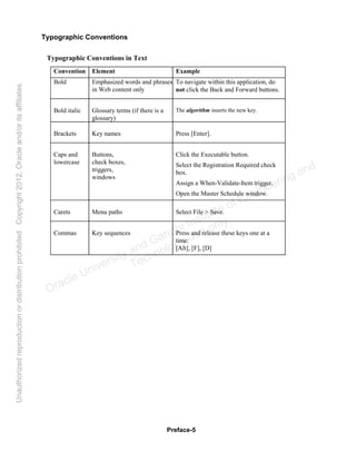 Preface-5
Typographic Conventions
Typographic Conventions in Text
Convention Element Example
Bold Emphasized words and phrases
in Web content only
To navigate within this application, do
not click the Back and Forward buttons.
Bold italic Glossary terms (if there is a
glossary)
The algorithm inserts the new key.
Brackets Key names Press [Enter].
Caps and
lowercase
Buttons,
check boxes,
triggers,
windows
Click the Executable button.
Select the Registration Required check
box.
Assign a When-Validate-Item trigger.
Open the Master Schedule window.
Carets Menu paths Select File > Save.
Commas Key sequences Press and release these keys one at a
time:
[Alt], [F], [D]
Oracle University and Gandhi Institute of Engineering and
Technology use onlyฺ
UnauthorizedreproductionordistributionprohibitedฺCopyright2012,Oracleand/oritsaffiliatesฺ
 