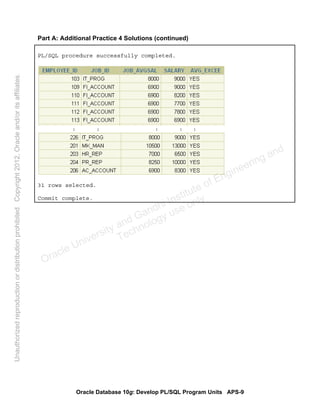 Oracle Database 10g: Develop PL/SQL Program Units APS-9
Part A: Additional Practice 4 Solutions (continued)
PL/SQL procedure successfully completed.
: : : : :
31 rows selected.
Commit complete.
Oracle University and Gandhi Institute of Engineering and
Technology use onlyฺ
UnauthorizedreproductionordistributionprohibitedฺCopyright2012,Oracleand/oritsaffiliatesฺ
 