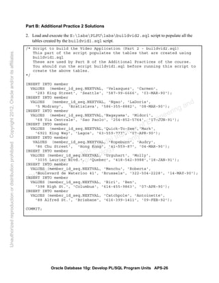 Oracle Database 10g: Develop PL/SQL Program Units APS-26
Part B: Additional Practice 2 Solutions
2. Load and execute the E:labsPLPUlabsbuildvid2.sql script to populate all the
tables created by the buildvid1.sql script.
/* Script to build the Video Application (Part 2 - buildvid2.sql)
This part of the script populates the tables that are created using
buildvid1.sql
These are used by Part B of the Additional Practices of the course.
You should run the script buildvid1.sql before running this script to
create the above tables.
*/
INSERT INTO member
VALUES (member_id_seq.NEXTVAL, 'Velasquez', 'Carmen',
'283 King Street', 'Seattle', '587-99-6666', '03-MAR-90');
INSERT INTO member
VALUES (member_id_seq.NEXTVAL, 'Ngao', 'LaDoris',
'5 Modrany', 'Bratislava', '586-355-8882', '08-MAR-90');
INSERT INTO member
VALUES (member_id_seq.NEXTVAL,'Nagayama', 'Midori',
'68 Via Centrale', 'Sao Paolo', '254-852-5764', '17-JUN-91');
INSERT INTO member
VALUES (member_id_seq.NEXTVAL,'Quick-To-See','Mark',
'6921 King Way', 'Lagos', '63-559-777', '07-APR-90');
INSERT INTO member
VALUES (member_id_seq.NEXTVAL, 'Ropeburn', 'Audry',
'86 Chu Street', 'Hong Kong', '41-559-87', '04-MAR-90');
INSERT INTO member
VALUES (member_id_seq.NEXTVAL, 'Urguhart', 'Molly',
'3035 Laurier Blvd.', 'Quebec', '418-542-9988','18-JAN-91');
INSERT INTO member
VALUES (member_id_seq.NEXTVAL, 'Menchu', 'Roberta',
'Boulevard de Waterloo 41', 'Brussels', '322-504-2228', '14-MAY-90');
INSERT INTO member
VALUES (member_id_seq.NEXTVAL, 'Biri', 'Ben',
'398 High St.', 'Columbus', '614-455-9863', '07-APR-90');
INSERT INTO member
VALUES (member_id_seq.NEXTVAL, 'Catchpole', 'Antoinette',
'88 Alfred St.', 'Brisbane', '616-399-1411', '09-FEB-92');
COMMIT;
Oracle University and Gandhi Institute of Engineering and
Technology use onlyฺ
UnauthorizedreproductionordistributionprohibitedฺCopyright2012,Oracleand/oritsaffiliatesฺ
 