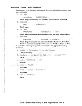 Oracle Database 10g: Develop PL/SQL Program Units APS-3
Additional Practice 1 and 2: Solutions
1. Evaluate each of the following declarations. Determine which of them are not legal
and explain why.
a. DECLARE
name,dept VARCHAR2(14);
This is illegal because only one identifier per declaration is allowed.
b. DECLARE
test NUMBER(5);
This is legal.
c. DECLARE
MAXSALARY NUMBER(7,2) = 5000;
This is illegal because the assignment operator is wrong. It should be :=.
d. DECLARE
JOINDATE BOOLEAN := SYSDATE;
This is illegal because there is a mismatch in the data types. A Boolean
data type cannot be assigned a date value. The data type should be date.
2. In each of the following assignments, determine the data type of the resulting
expression.
a. email := firstname || to_char(empno);
Character string
b. confirm := to_date('20-JAN-1999', 'DD-MON-YYYY');
Date
c. sal := (1000*12) + 500
Number
d. test := FALSE;
Boolean
e. temp := temp1 < (temp2/ 3);
Boolean
f. var := sysdate;
Date
Oracle University and Gandhi Institute of Engineering and
Technology use onlyฺ
UnauthorizedreproductionordistributionprohibitedฺCopyright2012,Oracleand/oritsaffiliatesฺ
 