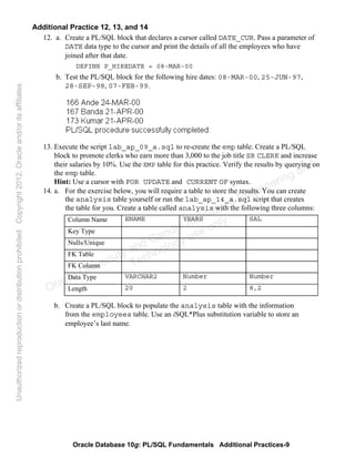 Oracle Database 10g: PL/SQL Fundamentals Additional Practices-9
Additional Practice 12, 13, and 14
12. a. Create a PL/SQL block that declares a cursor called DATE_CUR. Pass a parameter of
DATE data type to the cursor and print the details of all the employees who have
joined after that date.
DEFINE P_HIREDATE = 08-MAR-00
b. Test the PL/SQL block for the following hire dates: 08-MAR-00, 25-JUN-97,
28-SEP-98, 07-FEB-99.
13. Execute the script lab_ap_09_a.sql to re-create the emp table. Create a PL/SQL
block to promote clerks who earn more than 3,000 to the job title SR CLERK and increase
their salaries by 10%. Use the EMP table for this practice. Verify the results by querying on
the emp table.
Hint: Use a cursor with FOR UPDATE and CURRENT OF syntax.
14. a. For the exercise below, you will require a table to store the results. You can create
the analysis table yourself or run the lab_ap_14_a.sql script that creates
the table for you. Create a table called analysis with the following three columns:
b. Create a PL/SQL block to populate the analysis table with the information
from the employees table. Use an iSQL*Plus substitution variable to store an
employee’s last name.
Column Name ENAME YEARS SAL
Key Type
Nulls/Unique
FK Table
FK Column
Data Type VARCHAR2 Number Number
Length 20 2 8,2Oracle University and Gandhi Institute of Engineering and
Technology use onlyฺ
UnauthorizedreproductionordistributionprohibitedฺCopyright2012,Oracleand/oritsaffiliatesฺ
 