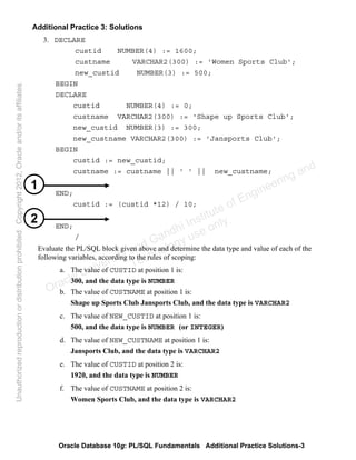Oracle Database 10g: PL/SQL Fundamentals Additional Practice Solutions-3
Additional Practice 3: Solutions
3. DECLARE
custid NUMBER(4) := 1600;
custname VARCHAR2(300) := 'Women Sports Club';
new_custid NUMBER(3) := 500;
BEGIN
DECLARE
custid NUMBER(4) := 0;
custname VARCHAR2(300) := 'Shape up Sports Club';
new_custid NUMBER(3) := 300;
new_custname VARCHAR2(300) := 'Jansports Club';
BEGIN
custid := new_custid;
custname := custname || ' ' || new_custname;
END;
custid := (custid *12) / 10;
END;
/
Evaluate the PL/SQL block given above and determine the data type and value of each of the
following variables, according to the rules of scoping:
a. The value of CUSTID at position 1 is:
300, and the data type is NUMBER
b. The value of CUSTNAME at position 1 is:
Shape up Sports Club Jansports Club, and the data type is VARCHAR2
c. The value of NEW_CUSTID at position 1 is:
500, and the data type is NUMBER (or INTEGER)
d. The value of NEW_CUSTNAME at position 1 is:
Jansports Club, and the data type is VARCHAR2
e. The value of CUSTID at position 2 is:
1920, and the data type is NUMBER
f. The value of CUSTNAME at position 2 is:
Women Sports Club, and the data type is VARCHAR2
1
2
Oracle University and Gandhi Institute of Engineering and
Technology use onlyฺ
UnauthorizedreproductionordistributionprohibitedฺCopyright2012,Oracleand/oritsaffiliatesฺ
 