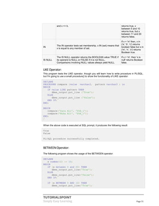 TUTORIALSPOINT
Simply Easy Learning Page 31
and x <= b. returns true, x
between 5 and 10
returns true, but x
between 11 and 20
returns false.
IN
The IN operator tests set membership. x IN (set) means that
x is equal to any member of set.
If x = 'm' then, x in
('a', 'b', 'c') returns
boolean false but x in
('m', 'n', 'o') returns
Boolean true.
IS NULL
The IS NULL operator returns the BOOLEAN value TRUE if
its operand is NULL or FALSE if it is not NULL.
Comparisons involving NULL values always yield NULL.
If x = 'm', then 'x is
null' returns Boolean
false.
LIKE Operator:
This program tests the LIKE operator, though you will learn how to write procedure in PL/SQL,
but I'm going to use a small procedure() to show the functionality of LIKE operator:
DECLARE
PROCEDURE compare (value varchar2, pattern varchar2 ) is
BEGIN
IF value LIKE pattern THEN
dbms_output.put_line ('True');
ELSE
dbms_output.put_line ('False');
END IF;
END;
BEGIN
compare('Zara Ali', 'Z%A_i');
compare('Nuha Ali', 'Z%A_i');
END;
/
When the above code is executed at SQL prompt, it produces the following result:
True
False
PL/SQL procedure successfully completed.
BETWEENOperator:
The following program shows the usage of the BETWEEN operator:
DECLARE
x number(2) := 10;
BEGIN
IF (x between 5 and 20) THEN
dbms_output.put_line('True');
ELSE
dbms_output.put_line('False');
END IF;
IF (x BETWEEN 5 AND 10) THEN
dbms_output.put_line('True');
 