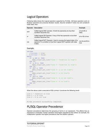 TUTORIALSPOINT
Simply Easy Learning Page 33
Logical Operators
Following table shows the Logical operators supported by PL/SQL. All these operators work on
Boolean operands and produces Boolean results. Assume variable A holds true and variable B
holds false, then:
Operator Description Example
and
Called logical AND operator. If both the operands are true then
condition becomes true.
(A and B) is
false.
or
Called logical OR Operator. If any of the two operands is true then
condition becomes true.
(A or B) is true.
not
Called logical NOT Operator. Used to reverse the logical state of its
operand. If a condition is true then Logical NOT operator will make
it false.
not (A and B) is
true.
Example:
DECLARE
a boolean := true;
b boolean := false;
BEGIN
IF (a AND b) THEN
dbms_output.put_line('Line 1 - Condition is true');
END IF;
IF (a OR b) THEN
dbms_output.put_line('Line 2 - Condition is true');
END IF;
IF (NOT a) THEN
dbms_output.put_line('Line 3 - a is not true');
ELSE
dbms_output.put_line('Line 3 - a is true');
END IF;
IF (NOT b) THEN
dbms_output.put_line('Line 4 - b is not true');
ELSE
dbms_output.put_line('Line 4 - b is true');
END IF;
END;
/
When the above code is executed at SQL prompt, it produces the following result:
Line 2 - Condition is true
Line 3 - a is true
Line 4 - b is not true
PL/SQL procedure successfully completed.
PL/SQL Operator Precedence
Operator precedence determines the grouping of terms in an expression. This affects how an
expression is evaluated. Certain operators have higher precedence than others; for example, the
multiplication operator has higher precedence than the addition operator:
 