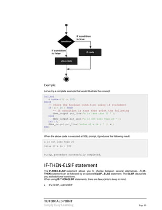 TUTORIALSPOINT
Simply Easy Learning Page 39
Example:
Let us try a complete example that would illustrate the concept:
DECLARE
a number(3) := 100;
BEGIN
-- check the boolean condition using if statement
IF( a < 20 ) THEN
-- if condition is true then print the following
dbms_output.put_line('a is less than 20 ' );
ELSE
dbms_output.put_line('a is not less than 20 ' );
END IF;
dbms_output.put_line('value of a is : ' || a);
END;
/
When the above code is executed at SQL prompt, it produces the following result:
a is not less than 20
value of a is : 100
PL/SQL procedure successfully completed.
IF-THEN-ELSIF statement
The IF-THEN-ELSIF statement allows you to choose between several alternatives. An IF-
THEN statement can be followed by an optional ELSIF...ELSE statement. The ELSIF clause lets
you add additional conditions.
When using IF-THEN-ELSIF statements, there are few points to keep in mind.
 It's ELSIF, not ELSEIF
 