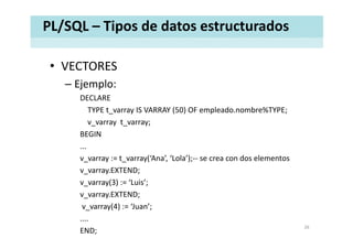PL/SQL – Tipos de datos estructurados
• VECTORESVECTORES
– Ejemplo:
DECLAREDECLARE
TYPE t_varray IS VARRAY (50) OF empleado.nombre%TYPE;
v varray t varray;v_varray t_varray;
BEGIN
...
v_varray := t_varray(‘Ana’, ‘Lola’);‐‐ se crea con dos elementos
v_varray.EXTEND;
v varray(3) ‘Luis’v_varray(3) := ‘Luis’;
v_varray.EXTEND;
v varray(4) := ‘Juan’; _ y( ) ;
....
END;
26
 