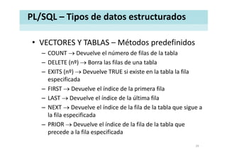 PL/SQL – Tipos de datos estructurados
• VECTORES Y TABLAS – Métodos predefinidosVECTORES Y TABLAS  Métodos predefinidos
– COUNT → Devuelve el número de filas de la tabla
DELETE (nº) → Borra las filas de una tabla– DELETE (nº) → Borra las filas de una tabla
– EXITS (nº) → Devuelve TRUE si existe en la tabla la fila 
especificadaespecificada
– FIRST → Devuelve el índice de la primera fila
– LAST → Devuelve el índice de la última fila– LAST → Devuelve el índice de la última fila
– NEXT → Devuelve el índice de la fila de la tabla que sigue a 
la fila especificadala fila especificada
– PRIOR → Devuelve el índice de la fila de la tabla que 
precede a la fila especificadap p
29
 