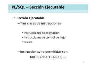 PL/SQL – Sección Ejecutable
• Sección EjecutableSección Ejecutable
–Tres clases de instrucciones
• Instrucciones de asignacióng
• Instrucciones de control de flujo
• Bucles• Bucles
–Instrucciones no permitidas son: 
DROP CREATE ALTERDROP, CREATE, ALTER, …
30
 