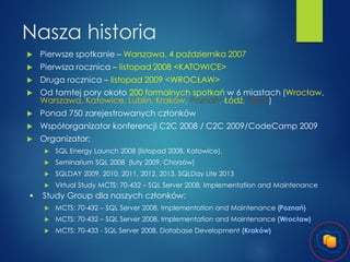 Nasza historia


Pierwsze spotkanie – Warszawa, 4 października 2007



Pierwsza rocznica – listopad 2008 <KATOWICE>



Druga rocznica – listopad 2009 <WROCŁAW>



Od tamtej pory około 200 formalnych spotkań w 6 miastach (Wrocław,
Warszawa, Katowice, Lublin, Kraków, Poznań, Łódź, Toruń)



Ponad 750 zarejestrowanych członków



Współorganizator konferencji C2C 2008 / C2C 2009/CodeCamp 2009



Organizator:



Seminarium SQL 2008 (luty 2009, Chorzów)



SQLDAY 2009, 2010, 2011, 2012, 2013, SQLDay Lite 2013





SQL Energy Launch 2008 (listopad 2008, Katowice),

Virtual Study MCTS: 70-432 – SQL Server 2008, Implementation and Maintenance

Study Group dla naszych członków:


MCTS: 70-432 – SQL Server 2008, Implementation and Maintenance {Poznań}



MCTS: 70-432 – SQL Server 2008, Implementation and Maintenance {Wrocław}



MCTS: 70-433 - SQL Server 2008, Database Development {Kraków}

 
