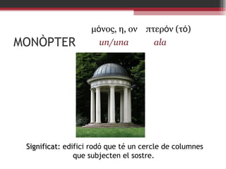 μόνος, η, ον πτερόν (τό)

MONÒPTER

un/una

ala

Significat: edifici rodó que té un cercle de columnes
que subjecten el sostre.

 