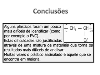 Alguns plásticos foram um pouco  mais difíceis de identificar (como por exemplo o PVC).  Estas dificuldades são justificadas através de uma mistura de materiais que torna os resultados mais difíceis de analisar.  Muitas vezes o plástico assinalado é aquele que se encontra em maioria.  