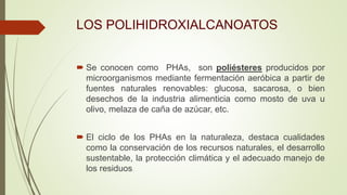 LOS POLIHIDROXIALCANOATOS
 Se conocen como PHAs, son poliésteres producidos por
microorganismos mediante fermentación aeróbica a partir de
fuentes naturales renovables: glucosa, sacarosa, o bien
desechos de la industria alimenticia como mosto de uva u
olivo, melaza de caña de azúcar, etc.
 El ciclo de los PHAs en la naturaleza, destaca cualidades
como la conservación de los recursos naturales, el desarrollo
sustentable, la protección climática y el adecuado manejo de
los residuos..
 