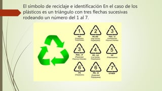 El símbolo de reciclaje e identificación En el caso de los
plásticos es un triángulo con tres flechas sucesivas
rodeando un número del 1 al 7.
 