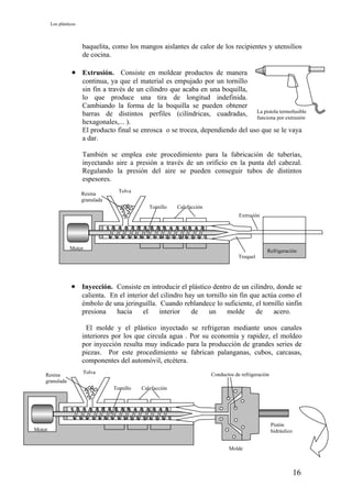 Los plásticos



                        baquelita, como los mangos aislantes de calor de los recipientes y utensilios
                        de cocina.

                   • Extrusión. Consiste en moldear productos de manera
                        continua, ya que el material es empujado por un tornillo
                        sin fin a través de un cilindro que acaba en una boquilla,
                        lo que produce una tira de longitud indefinida.
                        Cambiando la forma de la boquilla se pueden obtener
                        barras de distintos perfiles (cilíndricas, cuadradas, La pistolapor extrusión
                                                                                    funciona
                                                                                             termofusible

                        hexagonales,... ).
                        El producto final se enrosca o se trocea, dependiendo del uso que se le vaya
                        a dar.

                        También se emplea este procedimiento para la fabricación de tuberías,
                        inyectando aire a presión a través de un orificio en la punta del cabezal.
                        Regulando la presión del aire se pueden conseguir tubos de distintos
                        espesores.
                                      Tolva
                        Resina
                        granulada
                                                  Tornillo   Calefacción
                                                                                       Extrusión




                  Motor                                                                             Refrigeración
                                                                                       Troquel




                  • Inyección. Consiste en introducir el plástico dentro de un cilindro, donde se
                        calienta. En el interior del cilindro hay un tornillo sin fin que actúa como el
                        émbolo de una jeringuilla. Cuando reblandece lo suficiente, el tornillo sinfín
                        presiona    hacia     el    interior    de    un     molde      de    acero.

                          El molde y el plástico inyectado se refrigeran mediante unos canales
                        interiores por los que circula agua . Por su economía y rapidez, el moldeo
                        por inyección resulta muy indicado para la producción de grandes series de
                        piezas. Por este procedimiento se fabrican palanganas, cubos, carcasas,
                        componentes del automóvil, etcétera.
                        Tolva                                              Conductos de refrigeración
    Resina
    granulada
                                    Tornillo   Calefacción




                                                                                                        Pistón
Motor                                                                                                   hidráulico


                                                                                  Molde



                                                                                                                     16
 