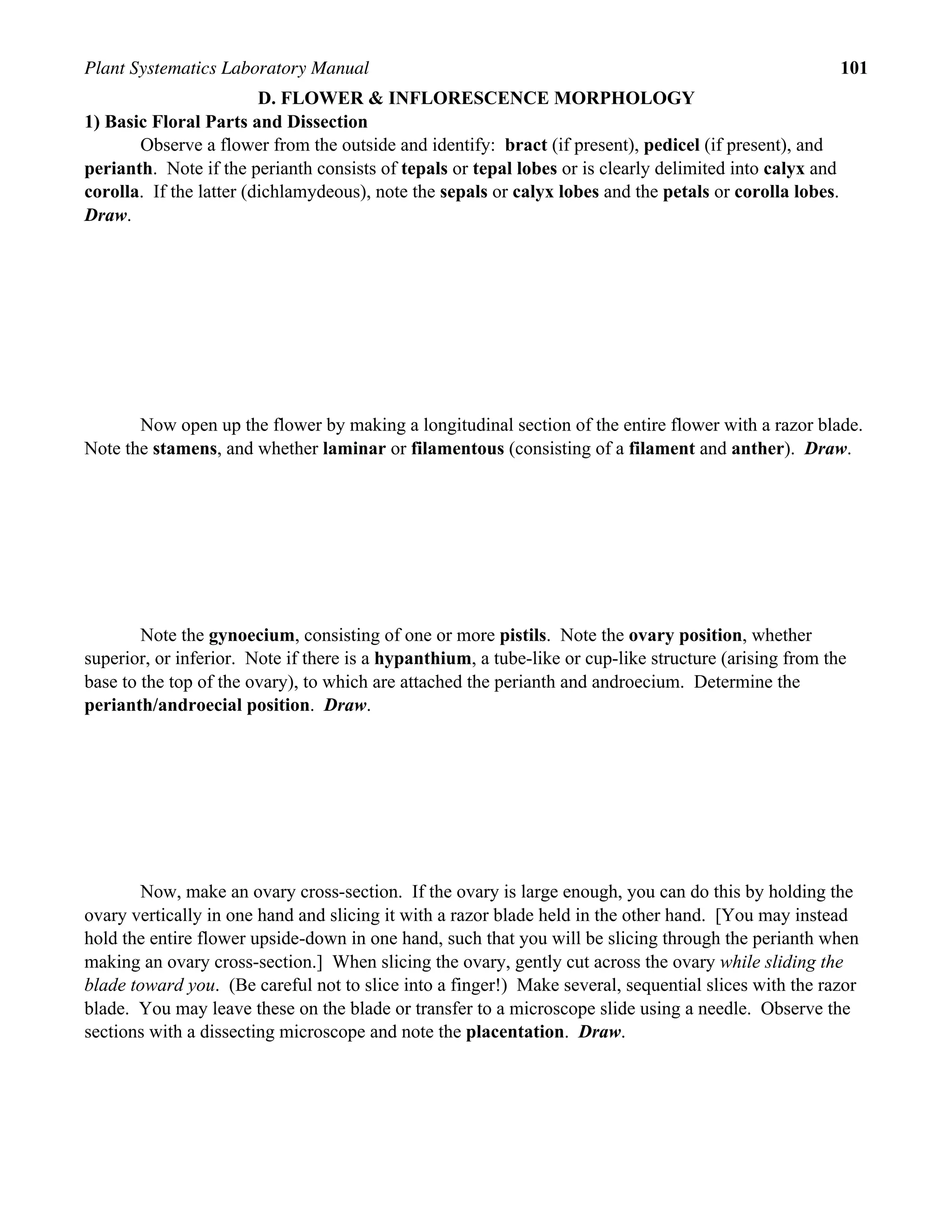 Plant Systematics Laboratory Manual 101
D. FLOWER & INFLORESCENCE MORPHOLOGY
1) Basic Floral Parts and Dissection
Observe a flower from the outside and identify: bract (if present), pedicel (if present), and
perianth. Note if the perianth consists of tepals or tepal lobes or is clearly delimited into calyx and
corolla. If the latter (dichlamydeous), note the sepals or calyx lobes and the petals or corolla lobes.
Draw.
Now open up the flower by making a longitudinal section of the entire flower with a razor blade.
Note the stamens, and whether laminar or filamentous (consisting of a filament and anther). Draw.
Note the gynoecium, consisting of one or more pistils. Note the ovary position, whether
superior, or inferior. Note if there is a hypanthium, a tube-like or cup-like structure (arising from the
base to the top of the ovary), to which are attached the perianth and androecium. Determine the
perianth/androecial position. Draw.
Now, make an ovary cross-section. If the ovary is large enough, you can do this by holding the
ovary vertically in one hand and slicing it with a razor blade held in the other hand. [You may instead
hold the entire flower upside-down in one hand, such that you will be slicing through the perianth when
making an ovary cross-section.] When slicing the ovary, gently cut across the ovary while sliding the
blade toward you. (Be careful not to slice into a finger!) Make several, sequential slices with the razor
blade. You may leave these on the blade or transfer to a microscope slide using a needle. Observe the
sections with a dissecting microscope and note the placentation. Draw.
 
