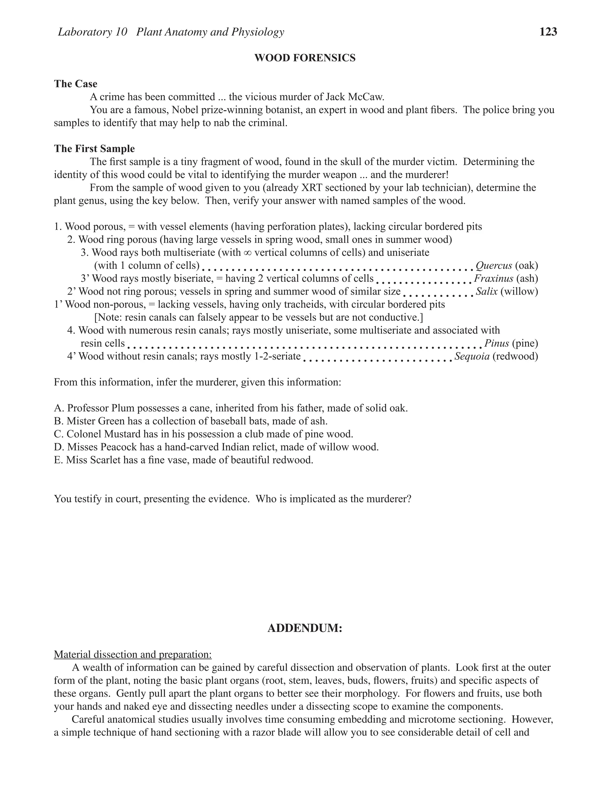 Laboratory 10 Plant Anatomy and Physiology 123
WOOD FORENSICS
The Case
A crime has been committed ... the vicious murder of Jack McCaw.
You are a famous, Nobel prize-winning botanist, an expert in wood and plant ﬁbers. The police bring you
samples to identify that may help to nab the criminal.
The First Sample
The ﬁrst sample is a tiny fragment of wood, found in the skull of the murder victim. Determining the
identity of this wood could be vital to identifying the murder weapon ... and the murderer!
From the sample of wood given to you (already XRT sectioned by your lab technician), determine the
plant genus, using the key below. Then, verify your answer with named samples of the wood.
1. Wood porous, = with vessel elements (having perforation plates), lacking circular bordered pits
2. Wood ring porous (having large vessels in spring wood, small ones in summer wood)
3. Wood rays both multiseriate (with ∞ vertical columns of cells) and uniseriate
(with 1 column of cells) Quercus (oak)
3’ Wood rays mostly biseriate, = having 2 vertical columns of cells Fraxinus (ash)
2’ Wood not ring porous; vessels in spring and summer wood of similar size Salix (willow)
1’ Wood non-porous, = lacking vessels, having only tracheids, with circular bordered pits
[Note: resin canals can falsely appear to be vessels but are not conductive.]
4. Wood with numerous resin canals; rays mostly uniseriate, some multiseriate and associated with
resin cells Pinus (pine)
4’ Wood without resin canals; rays mostly 1-2-seriate Sequoia (redwood)
From this information, infer the murderer, given this information:
A. Professor Plum possesses a cane, inherited from his father, made of solid oak.
B. Mister Green has a collection of baseball bats, made of ash.
C. Colonel Mustard has in his possession a club made of pine wood.
D. Misses Peacock has a hand-carved Indian relict, made of willow wood.
E. Miss Scarlet has a ﬁne vase, made of beautiful redwood.
You testify in court, presenting the evidence. Who is implicated as the murderer?
ADDENDUM:
Material dissection and preparation:
Material dissection and preparation:
A wealth of information can be gained by careful dissection and observation of plants. Look ﬁrst at the outer
form of the plant, noting the basic plant organs (root, stem, leaves, buds, ﬂowers, fruits) and speciﬁc aspects of
these organs. Gently pull apart the plant organs to better see their morphology. For ﬂowers and fruits, use both
your hands and naked eye and dissecting needles under a dissecting scope to examine the components.
Careful anatomical studies usually involves time consuming embedding and microtome sectioning. However,
a simple technique of hand sectioning with a razor blade will allow you to see considerable detail of cell and
 