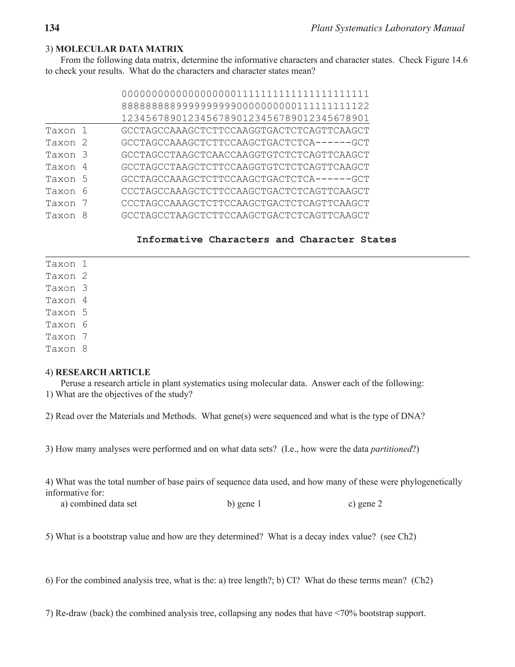 134 Plant Systematics Laboratory Manual
3) MOLECULAR DATA MATRIX
From the following data matrix, determine the informative characters and character states. Check Figure 14.6
to check your results. What do the characters and character states mean?
00000000000000000001111111111111111111111
88888888899999999990000000000111111111122
12345678901234567890123456789012345678901
Taxon 1 GCCTAGCCAAAGCTCTTCCAAGGTGACTCTCAGTTCAAGCT
Taxon 2 GCCTAGCCAAAGCTCTTCCAAGCTGACTCTCA------GCT
Taxon 3 GCCTAGCCTAAGCTCAACCAAGGTGTCTCTCAGTTCAAGCT
Taxon 4 GCCTAGCCTAAGCTCTTCCAAGGTGTCTCTCAGTTCAAGCT
Taxon 5 GCCTAGCCAAAGCTCTTCCAAGCTGACTCTCA------GCT
Taxon 6 CCCTAGCCAAAGCTCTTCCAAGCTGACTCTCAGTTCAAGCT
Taxon 7 CCCTAGCCAAAGCTCTTCCAAGCTGACTCTCAGTTCAAGCT
Taxon 8 GCCTAGCCTAAGCTCTTCCAAGCTGACTCTCAGTTCAAGCT
Informative Characters and Character States
Taxon 1
Taxon 2
Taxon 3
Taxon 4
Taxon 5
Taxon 6
Taxon 7
Taxon 8
4) RESEARCH ARTICLE
Peruse a research article in plant systematics using molecular data. Answer each of the following:
1) What are the objectives of the study?
2) Read over the Materials and Methods. What gene(s) were sequenced and what is the type of DNA?
3) How many analyses were performed and on what data sets? (I.e., how were the data partitioned?)
partitioned?)
partitioned
4) What was the total number of base pairs of sequence data used, and how many of these were phylogenetically
informative for:
a) combined data set b) gene 1 c) gene 2
5) What is a bootstrap value and how are they determined? What is a decay index value? (see Ch2)
6) For the combined analysis tree, what is the: a) tree length?; b) CI? What do these terms mean? (Ch2)
7) Re-draw (back) the combined analysis tree, collapsing any nodes that have <70% bootstrap support.
 