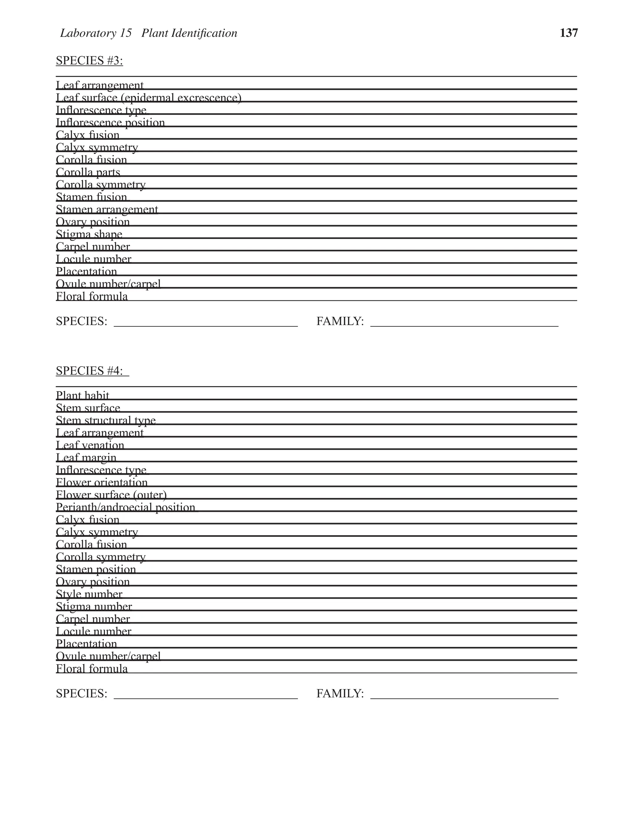 Laboratory 15 Plant Identiﬁcation 137
SPECIES #3:
Leaf arrangement
Leaf arrangement
Leaf arrangement
Leaf surface (epidermal excrescence)
Leaf surface (epidermal excrescence)
Leaf surface (epidermal excrescence)
Inﬂorescence type
Inﬂorescence type
Inﬂorescence type
Inﬂorescence position
Inﬂorescence position
Inﬂorescence position
Calyx fusion
Calyx fusion
Calyx fusion
Calyx symmetry
Calyx symmetry
Calyx symmetry
Corolla fusion
Corolla fusion
Corolla fusion
Corolla parts
Corolla parts
Corolla parts
Corolla symmetry
Corolla symmetry
Corolla symmetry
Stamen fusion
Stamen fusion
Stamen fusion
Stamen arrangement
Stamen arrangement
Stamen arrangement
Ovary position
Ovary position
Ovary position
Stigma shape
Stigma shape
Stigma shape
Carpel number
Carpel number
Carpel number
Locule number
Locule number
Locule number
Placentation
Placentation
Placentation
Ovule number/carpel
Ovule number/carpel
Ovule number/carpel
Floral formula
Floral formula
SPECIES: FAMILY:
SPECIES #4:
Plant habit
Plant habit
Plant habit
Stem surface
Stem surface
Stem surface
Stem structural type
Stem structural type
Stem structural type
Leaf arrangement
Leaf arrangement
Leaf arrangement
Leaf venation
Leaf venation
Leaf venation
Leaf margin
Leaf margin
Leaf margin
Inﬂorescence type
Inﬂorescence type
Inﬂorescence type
Flower orientation
Flower orientation
Flower orientation
Flower surface (outer)
Flower surface (outer)
Flower surface (outer)
Perianth/androecial position
Perianth/androecial position
Perianth/androecial position
Calyx fusion
Calyx fusion
Calyx fusion
Calyx symmetry
Calyx symmetry
Calyx symmetry
Corolla fusion
Corolla fusion
Corolla fusion
Corolla symmetry
Corolla symmetry
Corolla symmetry
Stamen position
Stamen position
Stamen position
Ovary position
Ovary position
Ovary position
Style number
Style number
Style number
Stigma number
Stigma number
Stigma number
Carpel number
Carpel number
Carpel number
Locule number
Locule number
Locule number
Placentation
Placentation
Placentation
Ovule number/carpel
Ovule number/carpel
Ovule number/carpel
Floral formula
Floral formula
SPECIES: FAMILY:
 