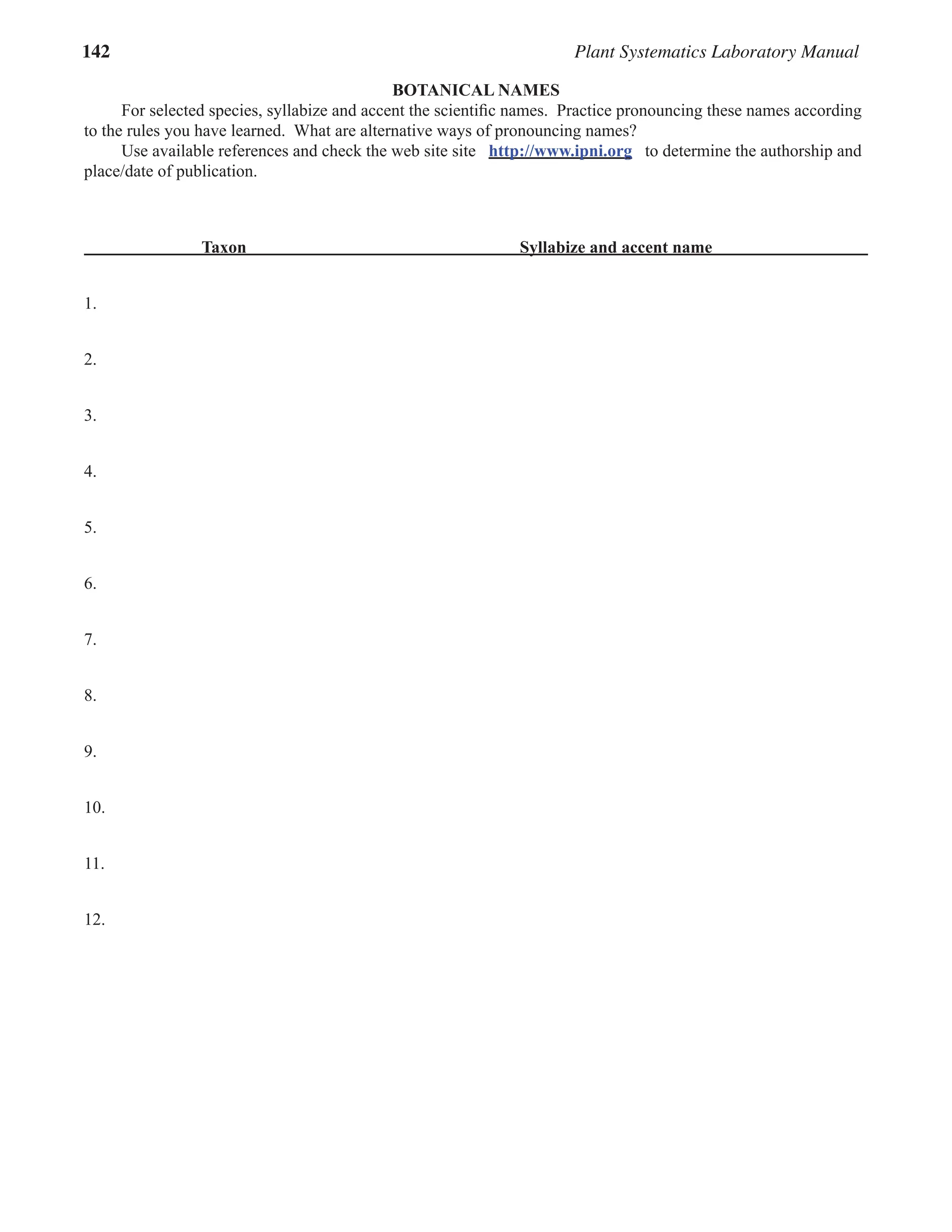 142 Plant Systematics Laboratory Manual
BOTANICAL NAMES
For selected species, syllabize and accent the scientific names. Practice pronouncing these names according
to the rules you have learned. What are alternative ways of pronouncing names?
Use available references and check the web site site http://www.ipni.org to determine the authorship and
place/date of publication.
Taxon Syllabize and accent name			
1.
2.
3.
4.
5.
6.
7.
8.
9.
10.
11.
12.
 