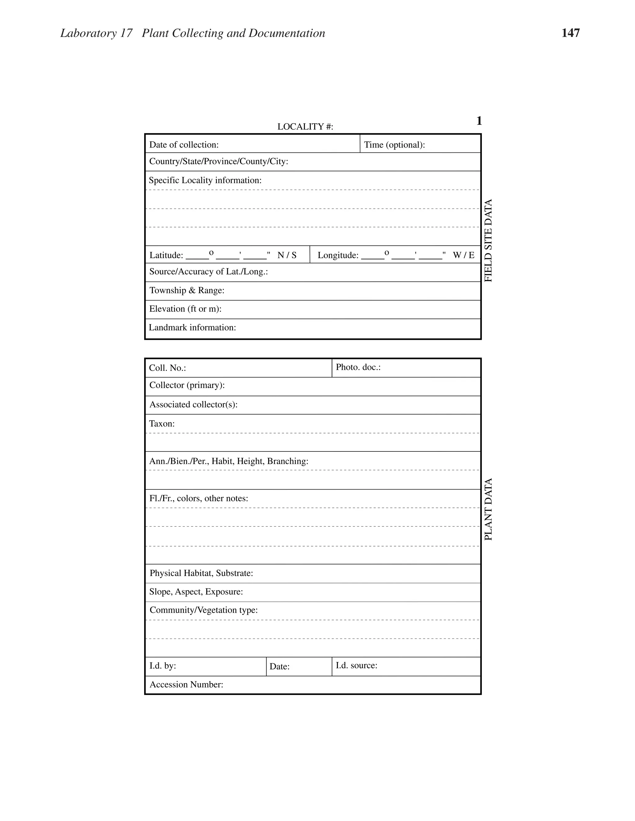 Laboratory 17 Plant Collecting and Documentation 147
1
Date of collection: Time (optional):
Taxon:
Collector (primary):
Coll. No.:
Fl./Fr., colors, other notes:
Ann./Bien./Per., Habit, Height, Branching:
Photo. doc.:
Physical Habitat, Substrate:
I.d. by: Date: I.d. source:
Slope, Aspect, Exposure:
Community/Vegetation type:
Country/State/Province/County/City:
Associated collector(s):
Landmark information:
Specific Locality information:
Latitude: _____o _____' _____" N / S Longitude: _____o _____' _____" W / E
Source/Accuracy of Lat./Long.:
Elevation (ft or m):
Township & Range:
LOCALITY #:
Accession Number:
PLANT
DATA
FIELD
SITE
DATA
 
