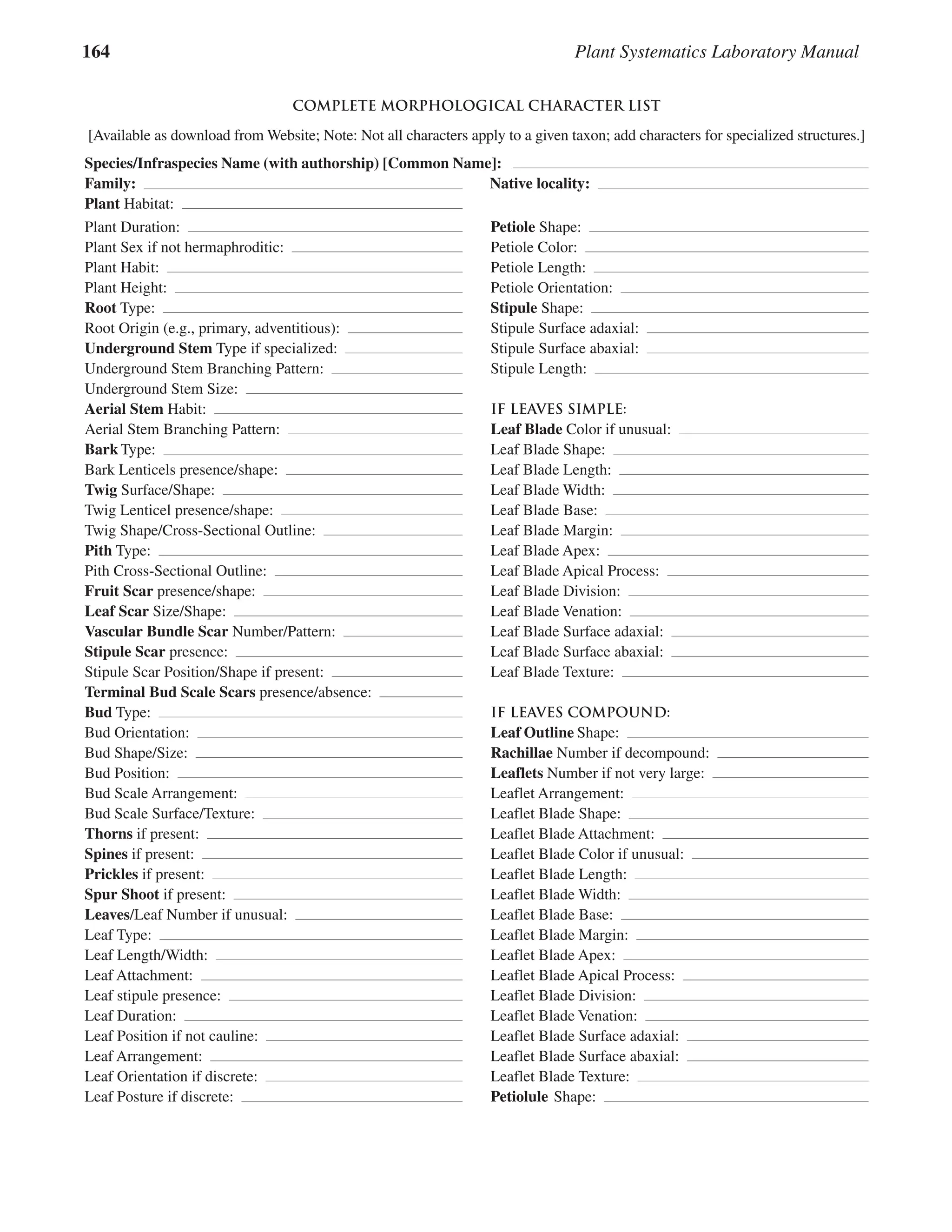 164 Plant Systematics Laboratory Manual
COMPLETE MORPHOLOGICAL CHARACTER LIST
[Available as download from Website; Note: Not all characters apply to a given taxon; add characters for specialized structures.]
Species/Infraspecies Name (with authorship) [Common Name]:
Family: Native locality:
Plant Habitat:
Plant Duration:
Plant Sex if not hermaphroditic:
Plant Habit:
Plant Height:
Root Type:
Root Origin (e.g., primary, adventitious):
Underground Stem Type if specialized:
Underground Stem Branching Pattern:
Underground Stem Size:
Aerial Stem Habit:
Aerial Stem Branching Pattern:
BarkType:
Bark Lenticels presence/shape:
Twig Surface/Shape:
Twig Lenticel presence/shape:
Twig Shape/Cross-Sectional Outline:
Pith Type:
Pith Cross-Sectional Outline:
Fruit Scar presence/shape:
Leaf Scar Size/Shape:
Vascular Bundle Scar Number/Pattern:
Stipule Scar presence:
Stipule Scar Position/Shape if present:
Terminal Bud Scale Scars presence/absence:
Bud Type:
Bud Orientation:
Bud Shape/Size:
Bud Position:
Bud Scale Arrangement:
Bud Scale Surface/Texture:
Thorns if present:
Spines if present:
Prickles if present:
Spur Shoot if present:
Leaves/Leaf Number if unusual:
Leaf Type:
Leaf Length/Width:
Leaf Attachment:
Leaf stipule presence:
Leaf Duration:
Leaf Position if not cauline:
Leaf Arrangement:
Leaf Orientation if discrete:
Leaf Posture if discrete:
Petiole Shape:
Petiole Color:
Petiole Length:
Petiole Orientation:
Stipule Shape:
Stipule Surface adaxial:
Stipule Surface abaxial:
Stipule Length:
IF LEAVES SIMPLE:
Leaf Blade Color if unusual:
Leaf Blade Shape:
Leaf Blade Length:
Leaf Blade Width:
Leaf Blade Base:
Leaf Blade Margin:
Leaf Blade Apex:
Leaf Blade Apical Process:
Leaf Blade Division:
Leaf Blade Venation:
Leaf Blade Surface adaxial:
Leaf Blade Surface abaxial:
Leaf Blade Texture:
IF LEAVES COMPOUND:
Leaf Outline Shape:
Rachillae Number if decompound:
Leaflets Number if not very large:
Number if not very large:
Leaflet Arrangement:
Leaflet Blade Shape:
Leaflet Blade Attachment:
Leaflet Blade Color if unusual:
Leaflet Blade Length:
Leaflet Blade Width:
Leaflet Blade Base:
Leaflet Blade Margin:
Leaflet Blade Apex:
Leaflet Blade Apical Process:
Leaflet Blade Division:
Leaflet Blade Venation:
Leaflet Blade Surface adaxial:
Leaflet Blade Surface abaxial:
Leaflet Blade Texture:
Petiolule Shape:
 
