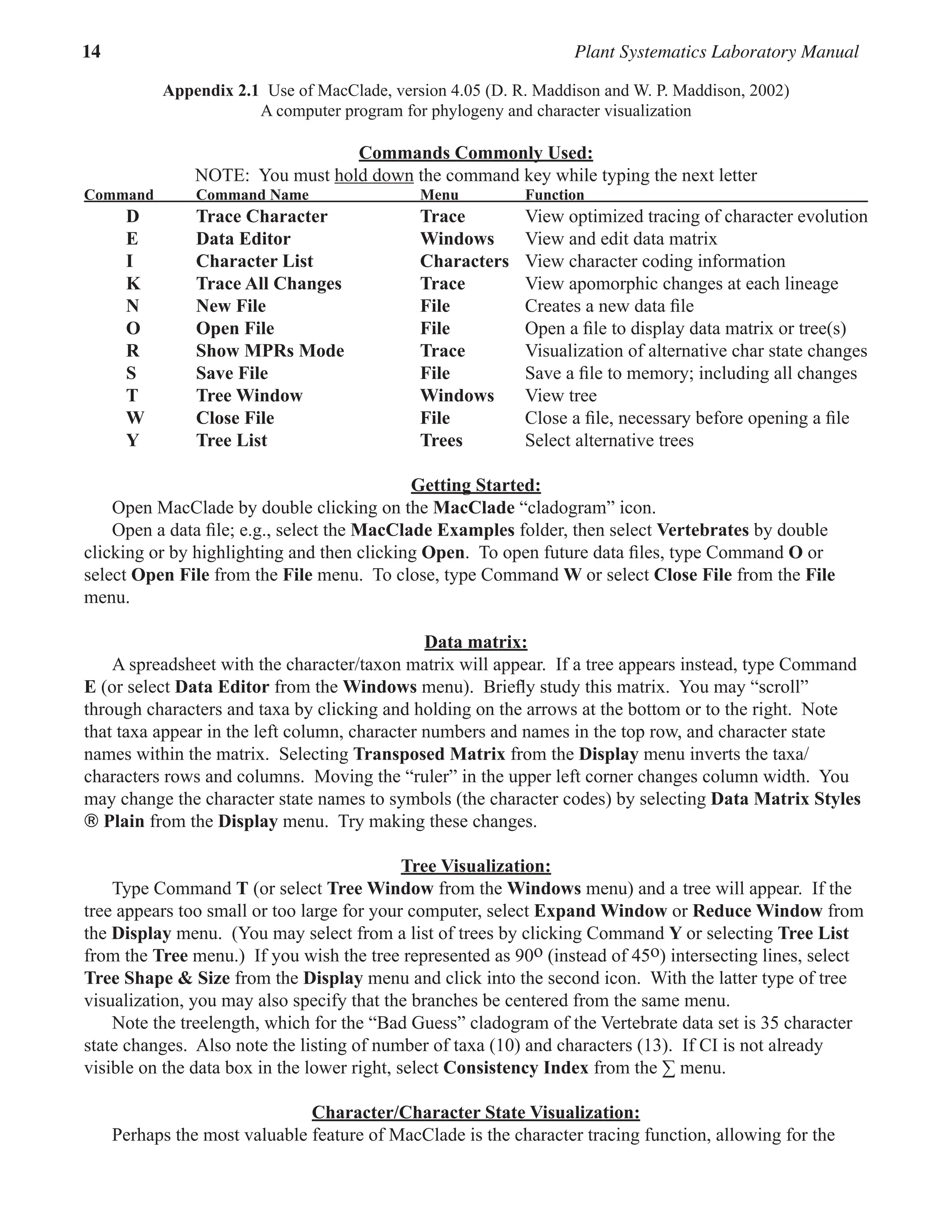 14 Plant Systematics Laboratory Manual
Appendix 2.1  Use of MacClade, version 4.05 (D. R. Maddison and W. P. Maddison, 2002)
A computer program for phylogeny and character visualization
Commands Commonly Used:
NOTE:  You must hold down the command key while typing the next letter  
Command Command Name Menu Function 					
D Trace Character Trace View optimized tracing of character evolution
E Data Editor Windows View and edit data matrix
I Character List Characters View character coding information
K Trace All Changes Trace View apomorphic changes at each lineage
N New File File Creates a new data file
O Open File File Open a file to display data matrix or tree(s)
R Show MPRs Mode Trace Visualization of alternative char state changes
S Save File File Save a file to memory; including all changes
T Tree Window Windows View tree
W Close File File Close a file, necessary before opening a file
Y Tree List Trees Select alternative trees
Getting Started:
Open MacClade by double clicking on the MacClade “cladogram” icon.  
Open a data file; e.g., select the MacClade Examples folder, then select Vertebrates by double
clicking or by highlighting and then clicking Open.  To open future data files, type Command O or
select Open File from the File menu.  To close, type Command W or select Close File from the File
menu.  
Data matrix:  
A spreadsheet with the character/taxon matrix will appear.  If a tree appears instead, type Command
E (or select Data Editor from the Windows menu).  Briefly study this matrix.  You may “scroll”
through characters and taxa by clicking and holding on the arrows at the bottom or to the right.  Note
that taxa appear in the left column, character numbers and names in the top row, and character state
names within the matrix.  Selecting Transposed Matrix from the Display menu inverts the taxa/
characters rows and columns.  Moving the “ruler” in the upper left corner changes column width.  You
may change the character state names to symbols (the character codes) by selecting Data Matrix Styles
® Plain from the Display menu.  Try making these changes.  
Tree Visualization:  
Type Command T (or select Tree Window from the Windows menu) and a tree will appear.  If the
tree appears too small or too large for your computer, select Expand Window or Reduce Window from
the Display menu.  (You may select from a list of trees by clicking Command Y or selecting Tree List
from the Tree menu.)  If you wish the tree represented as 90o (instead of 45o) intersecting lines, select
Tree Shape & Size from the Display menu and click into the second icon.  With the latter type of tree
visualization, you may also specify that the branches be centered from the same menu.  
Note the treelength, which for the “Bad Guess” cladogram of the Vertebrate data set is 35 character
state changes.  Also note the listing of number of taxa (10) and characters (13).  If CI is not already
visible on the data box in the lower right, select Consistency Index from the ∑ menu.  
Character/Character State Visualization:  
Perhaps the most valuable feature of MacClade is the character tracing function, allowing for the
 