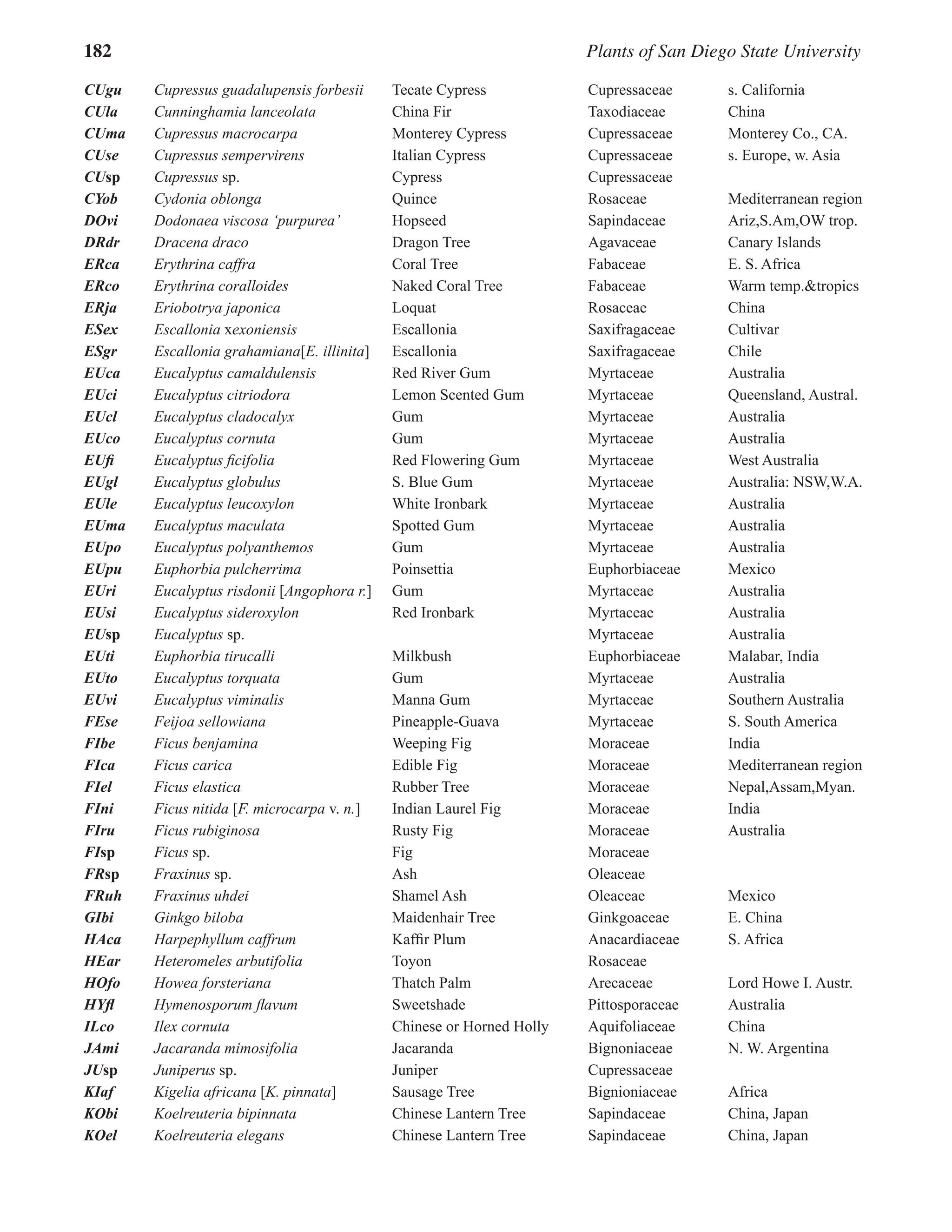 182 Plants of San Diego State University
CUgu Cupressus guadalupensis forbesii Tecate Cypress Cupressaceae s. California
CUla Cunninghamia lanceolata China Fir Taxodiaceae China
CUma Cupressus macrocarpa Monterey Cypress Cupressaceae Monterey Co., CA.
CUse Cupressus sempervirens Italian Cypress Cupressaceae s. Europe, w. Asia
CUsp Cupressus sp. Cypress Cupressaceae
CYob Cydonia oblonga Quince Rosaceae Mediterranean region
DOvi Dodonaea viscosa ‘purpurea’ Hopseed Sapindaceae Ariz,S.Am,OW trop.
DRdr Dracena draco Dragon Tree Agavaceae Canary Islands
ERca Erythrina caffra Coral Tree Fabaceae E. S. Africa
ERco Erythrina coralloides Naked Coral Tree Fabaceae Warm temp.&tropics
ERja Eriobotrya japonica Loquat Rosaceae China
ESex Escallonia xexoniensis Escallonia Saxifragaceae Cultivar
ESgr Escallonia grahamiana[E. illinita] Escallonia Saxifragaceae Chile
EUca Eucalyptus camaldulensis Red River Gum Myrtaceae Australia
EUci Eucalyptus citriodora Lemon Scented Gum Myrtaceae Queensland, Austral.
EUcl Eucalyptus cladocalyx Gum Myrtaceae Australia
EUco Eucalyptus cornuta Gum Myrtaceae Australia
EUfi Eucalyptus ficifolia Red Flowering Gum Myrtaceae West Australia
EUgl Eucalyptus globulus S. Blue Gum Myrtaceae Australia: NSW,W.A.
EUle Eucalyptus leucoxylon White Ironbark Myrtaceae Australia
EUma Eucalyptus maculata Spotted Gum Myrtaceae Australia
EUpo Eucalyptus polyanthemos Gum Myrtaceae Australia
EUpu Euphorbia pulcherrima Poinsettia Euphorbiaceae Mexico
EUri Eucalyptus risdonii [Angophora r.] Gum Myrtaceae Australia
EUsi Eucalyptus sideroxylon Red Ironbark Myrtaceae Australia
EUsp Eucalyptus sp. Myrtaceae Australia
EUti Euphorbia tirucalli Milkbush Euphorbiaceae Malabar, India
EUto Eucalyptus torquata Gum Myrtaceae Australia
EUvi Eucalyptus viminalis Manna Gum Myrtaceae Southern Australia
FEse Feijoa sellowiana Pineapple-Guava Myrtaceae S. South America
FIbe Ficus benjamina Weeping Fig Moraceae India
FIca Ficus carica Edible Fig Moraceae Mediterranean region
FIel Ficus elastica Rubber Tree Moraceae Nepal,Assam,Myan.
FIni Ficus nitida [F. microcarpa v. n.] Indian Laurel Fig Moraceae India
FIru Ficus rubiginosa Rusty Fig Moraceae Australia
FIsp Ficus sp. Fig Moraceae
FRsp Fraxinus sp. Ash Oleaceae
FRuh Fraxinus uhdei Shamel Ash Oleaceae Mexico
GIbi Ginkgo biloba Maidenhair Tree Ginkgoaceae E. China
HAca Harpephyllum caffrum Kaffir Plum Anacardiaceae S. Africa
HEar Heteromeles arbutifolia Toyon Rosaceae
HOfo Howea forsteriana Thatch Palm Arecaceae Lord Howe I. Austr.
HYfl Hymenosporum flavum Sweetshade Pittosporaceae Australia
ILco Ilex cornuta Chinese or Horned Holly Aquifoliaceae China
JAmi Jacaranda mimosifolia Jacaranda Bignoniaceae N. W. Argentina
JUsp Juniperus sp. Juniper Cupressaceae
KIaf Kigelia africana [K. pinnata] Sausage Tree Bignioniaceae Africa
KObi Koelreuteria bipinnata Chinese Lantern Tree Sapindaceae China, Japan
KOel Koelreuteria elegans Chinese Lantern Tree Sapindaceae China, Japan
 