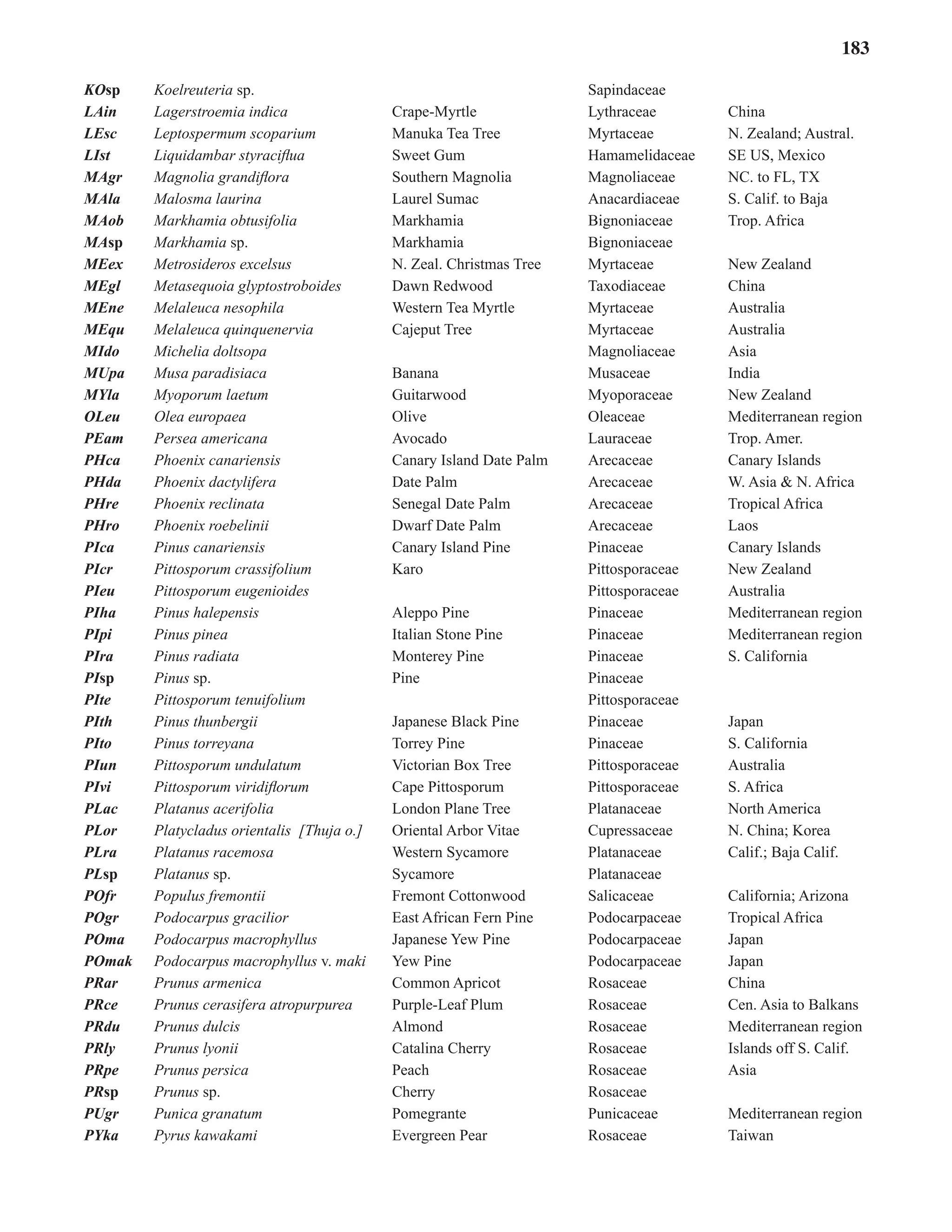 183
KOsp Koelreuteria sp. 		 Sapindaceae
LAin Lagerstroemia indica Crape-Myrtle Lythraceae China
LEsc Leptospermum scoparium Manuka Tea Tree Myrtaceae N. Zealand; Austral.
LIst Liquidambar styraciflua Sweet Gum Hamamelidaceae SE US, Mexico
MAgr Magnolia grandiflora Southern Magnolia Magnoliaceae NC. to FL, TX
MAla Malosma laurina Laurel Sumac Anacardiaceae S. Calif. to Baja
MAob Markhamia obtusifolia Markhamia Bignoniaceae Trop. Africa
MAsp Markhamia sp. Markhamia Bignoniaceae
MEex Metrosideros excelsus N. Zeal. Christmas Tree Myrtaceae New Zealand
MEgl Metasequoia glyptostroboides Dawn Redwood Taxodiaceae China
MEne Melaleuca nesophila Western Tea Myrtle Myrtaceae Australia
MEqu Melaleuca quinquenervia Cajeput Tree Myrtaceae Australia
MIdo Michelia doltsopa		 Magnoliaceae Asia
MUpa Musa paradisiaca Banana Musaceae India
MYla Myoporum laetum Guitarwood Myoporaceae New Zealand
OLeu Olea europaea Olive Oleaceae Mediterranean region
PEam Persea americana Avocado Lauraceae Trop. Amer.
PHca Phoenix canariensis Canary Island Date Palm Arecaceae Canary Islands
PHda Phoenix dactylifera Date Palm Arecaceae W. Asia & N. Africa
PHre Phoenix reclinata Senegal Date Palm Arecaceae Tropical Africa
PHro Phoenix roebelinii Dwarf Date Palm Arecaceae Laos
PIca Pinus canariensis Canary Island Pine Pinaceae Canary Islands
PIcr Pittosporum crassifolium Karo Pittosporaceae New Zealand
PIeu Pittosporum eugenioides Pittosporaceae Australia
PIha Pinus halepensis Aleppo Pine Pinaceae Mediterranean region
PIpi Pinus pinea Italian Stone Pine Pinaceae Mediterranean region
PIra Pinus radiata Monterey Pine Pinaceae S. California
PIsp Pinus sp. Pine Pinaceae
PIte Pittosporum tenuifolium Pittosporaceae
PIth Pinus thunbergii Japanese Black Pine Pinaceae Japan
PIto Pinus torreyana Torrey Pine Pinaceae S. California
PIun Pittosporum undulatum Victorian Box Tree Pittosporaceae Australia
PIvi Pittosporum viridiflorum Cape Pittosporum Pittosporaceae S. Africa
PLac Platanus acerifolia London Plane Tree Platanaceae North America
PLor Platycladus orientalis [Thuja o.] Oriental Arbor Vitae Cupressaceae N. China; Korea
PLra Platanus racemosa Western Sycamore Platanaceae Calif.; Baja Calif.
PLsp Platanus sp. Sycamore Platanaceae
POfr Populus fremontii Fremont Cottonwood Salicaceae California; Arizona
POgr Podocarpus gracilior East African Fern Pine Podocarpaceae Tropical Africa
POma Podocarpus macrophyllus Japanese Yew Pine Podocarpaceae Japan
POmak Podocarpus macrophyllus v. maki Yew Pine Podocarpaceae Japan
PRar Prunus armenica Common Apricot Rosaceae China
PRce Prunus cerasifera atropurpurea Purple-Leaf Plum Rosaceae Cen. Asia to Balkans
PRdu Prunus dulcis Almond Rosaceae Mediterranean region
PRly Prunus lyonii Catalina Cherry Rosaceae Islands off S. Calif.
PRpe Prunus persica Peach Rosaceae Asia
PRsp Prunus sp. Cherry Rosaceae
PUgr Punica granatum Pomegrante Punicaceae Mediterranean region
PYka Pyrus kawakami Evergreen Pear Rosaceae Taiwan
 