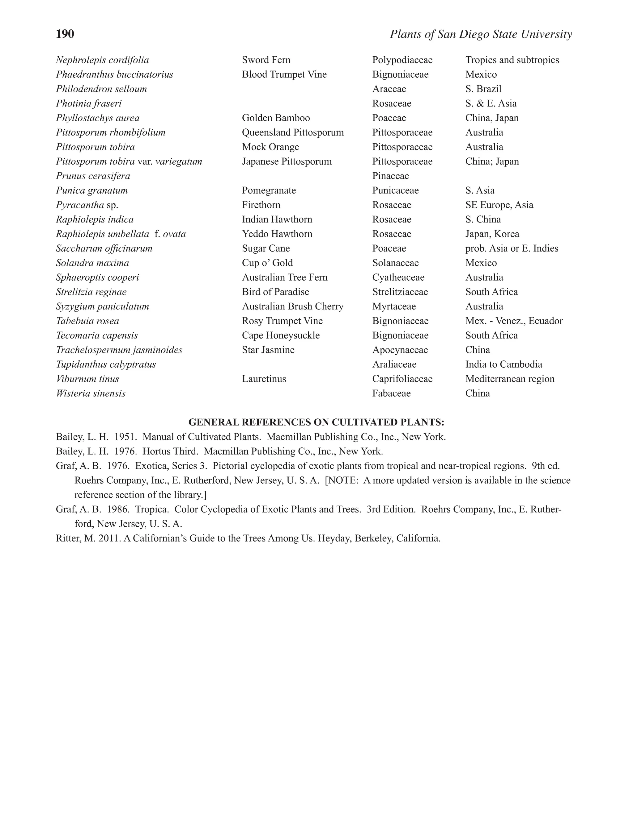 190 Plants of San Diego State University
Nephrolepis cordifolia Sword Fern Polypodiaceae Tropics and subtropics
Phaedranthus buccinatorius Blood Trumpet Vine Bignoniaceae Mexico
Philodendron selloum Araceae S. Brazil
Photinia fraseri Rosaceae S. & E. Asia
Phyllostachys aurea Golden Bamboo Poaceae China, Japan
Pittosporum rhombifolium Queensland Pittosporum Pittosporaceae Australia
Pittosporum tobira Mock Orange Pittosporaceae Australia
Pittosporum tobira var. variegatum Japanese Pittosporum Pittosporaceae China; Japan
Prunus cerasifera Pinaceae
Punica granatum Pomegranate Punicaceae S. Asia
Pyracantha sp. Firethorn Rosaceae SE Europe, Asia
Raphiolepis indica Indian Hawthorn Rosaceae S. China
Raphiolepis umbellata f. ovata Yeddo Hawthorn Rosaceae Japan, Korea
Saccharum officinarum Sugar Cane Poaceae prob. Asia or E. Indies
Solandra maxima Cup o’ Gold Solanaceae Mexico
Sphaeroptis cooperi Australian Tree Fern Cyatheaceae Australia
Strelitzia reginae Bird of Paradise Strelitziaceae South Africa
Syzygium paniculatum Australian Brush Cherry Myrtaceae Australia
Tabebuia rosea Rosy Trumpet Vine Bignoniaceae Mex. - Venez., Ecuador
Tecomaria capensis Cape Honeysuckle Bignoniaceae South Africa
Trachelospermum jasminoides Star Jasmine Apocynaceae China
Tupidanthus calyptratus 		 Araliaceae India to Cambodia
Viburnum tinus Lauretinus Caprifoliaceae Mediterranean region
Wisteria sinensis Fabaceae China
General References on Cultivated Plants:  
Bailey, L. H. 1951. Manual of Cultivated Plants. Macmillan Publishing Co., Inc., New York.
Bailey, L. H. 1976. Hortus Third. Macmillan Publishing Co., Inc., New York.
Graf, A. B. 1976. Exotica, Series 3. Pictorial cyclopedia of exotic plants from tropical and near-tropical regions. 9th ed.
Roehrs Company, Inc., E. Rutherford, New Jersey, U. S. A. [NOTE: A more updated version is available in the science
reference section of the library.]
Graf, A. B. 1986. Tropica. Color Cyclopedia of Exotic Plants and Trees. 3rd Edition. Roehrs Company, Inc., E. Ruther-
ford, New Jersey, U. S. A.
Ritter, M. 2011. A Californian’s Guide to the Trees Among Us. Heyday, Berkeley, California.
 