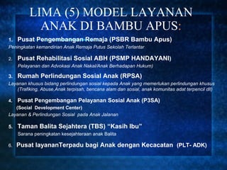 LIMA (5) MODEL LAYANAN
            ANAK DI BAMBU APUS:
1.   Pusat Pengembangan Remaja (PSBR Bambu Apus)
Peningkatan kemandirian Anak Remaja Putus Sekolah Terlantar

2.   Pusat Rehabilitasi Sosial ABH (PSMP HANDAYANI)
     Pelayanan dan Advokasi Anak Nakal/Anak Berhadapan Hukum)

3.   Rumah Perlindungan Sosial Anak (RPSA)
Layanan khusus bidang perlindungan sosial kepada Anak yang memerlukan perlindungan khusus
    (Trafiking, Abuse,Anak terpisah, bencana alam dan sosial, anak komunitas adat terpencil dll)

4.   Pusat Pengembangan Pelayanan Sosial Anak (P3SA)
   (Social Development Center)
Layanan & Perlindungan Sosial pada Anak Jalanan

5.   Taman Balita Sejahtera (TBS) “Kasih Ibu”
     Sarana peningkatan kesejahteraan anak Balita

6.   Pusat layananTerpadu bagi Anak dengan Kecacatan (PLT- ADK)
 