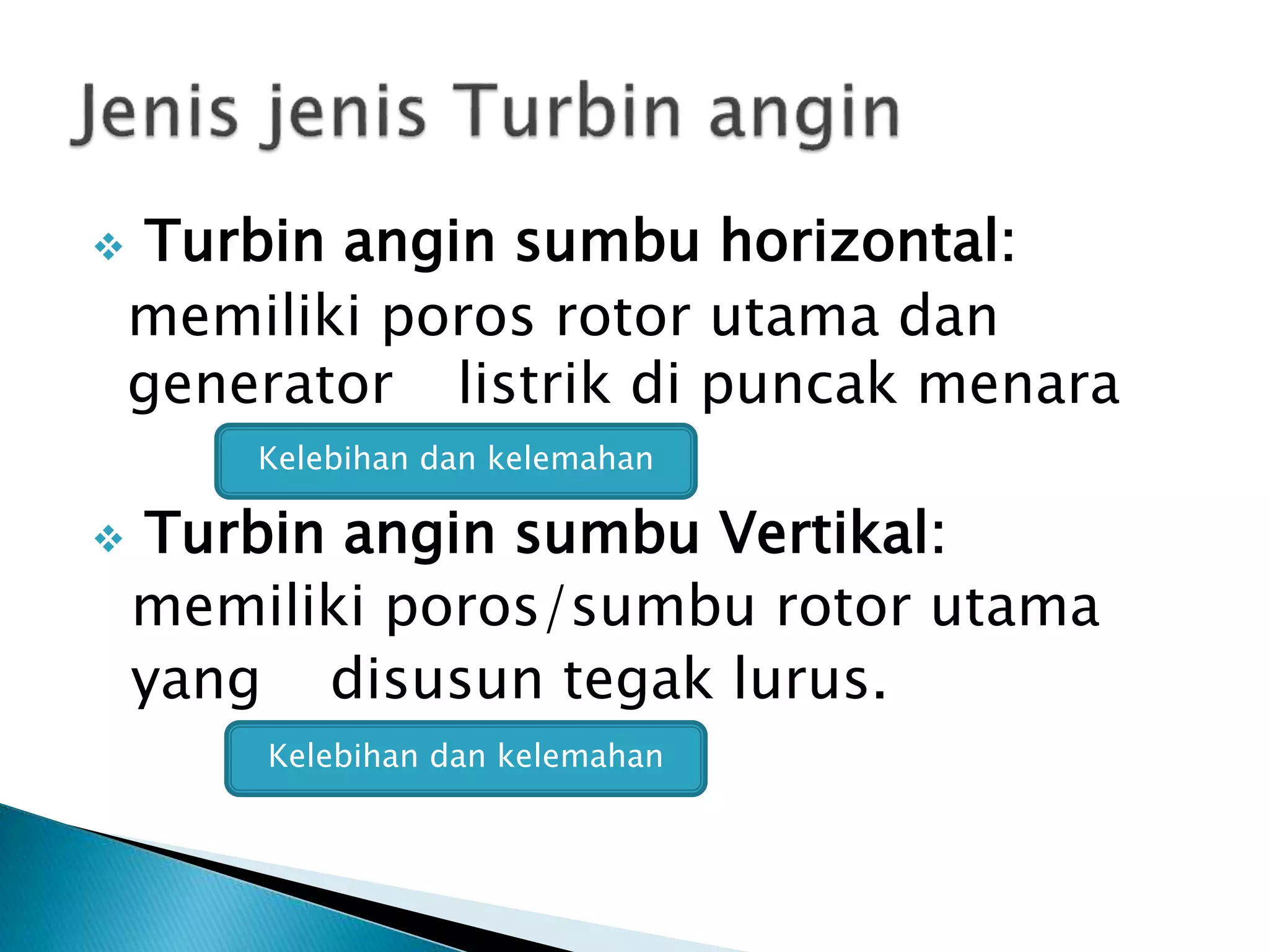  Turbin angin sumbu horizontal: 
memiliki poros rotor utama dan 
generator listrik di puncak menara 
Kelebihan dan kelemahan 
 Turbin angin sumbu Vertikal: 
memiliki poros/sumbu rotor utama 
yang disusun tegak lurus. 
Kelebihan dan kelemahan 
 