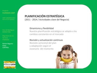 ProyectoPLÁTANOS AMPAMP CANARIAS 2011INSTITUTO DE EMPRESAFelu Gil RodríguezMARKETINGÍñigo Sainz de los TerrerosFINANZASRamón Reguero ArayaCONTROLPLANIFICACIÓN ESTRATÉGICA(2011 - 2014 / Actividades clave del Negocio)	Dinamismo y flexibilidadNuestra planificación estratégica se adapta a los 	cambios constantes en el mercado	Revisión y actualización continuasRevisión semestral del plan	y adaptación según el 	escenario  del momento
