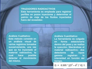 TRAZADORES RADIOACTIVOS
Esta herramienta es empleada para registrar
perfiles en pozos inyectores y determinar el
patrón de viaje de los fluidos inyectados
fuera del revestidor.
Análisis Cuantitativo:
La herramienta es colgada
en forma estacionaria
dentro del pozo y se realiza
la eyección, liberándose el
material radioactivo; dos
detectores de rayos
gamma registran la
intensidad en función del
tiempo.
Análisis Cualitativo:
Este método consiste en
un análisis visual de
varios registros tomados
sucesivamente, una vez
que se ha inyectado el
material radioactivo, lo
cual hace posible
detectar el movimiento
del mismo.
 