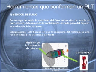 Herramientas que conforman un PLT
1) MEDIDOR DE FLUJO
Se encarga de medir la velocidad del flujo en las vías de interés al
pozo abierto, determinando la contribución de cada paso del flujo en
la producción total del pozo.
Interpretación: está basada en que la respuesta del molinete es una
función lineal de la velocidad del fluido.
Medición de
la frecuencia
de rotación
MEDIDOR DE FLUJO TIPO
SPINNER
Centralizador
 