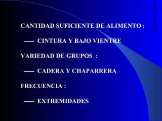 CANTIDAD SUFICIENTE DE ALIMENTO :

----- CINTURA Y BAJO VIENTRE

VARIEDAD DE GRUPOS :

----- CADERA Y CHAPARRERA

FRECUENCIA :

----- EXTREMIDADES
 