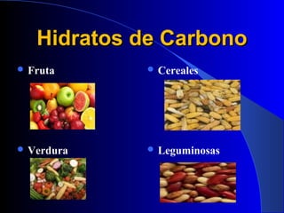 Hidratos de Carbono
 Fruta      Cereales




 Verdura    Leguminosas
 
