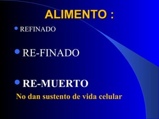 ALIMENTO :
 REFINADO



RE-FINADO


RE-MUERTO
No dan sustento de vida celular
 