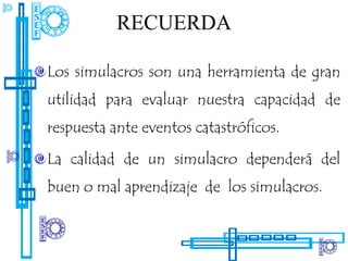 RECUERDA

Los simulacros son una herramienta de gran
utilidad para evaluar nuestra capacidad de
respuesta ante eventos catastróficos.

La calidad de un simulacro dependerá del
buen o mal aprendizaje de los simulacros.
 