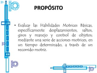 PROPÓSITO

• Evaluar las Habilidades Motrices Básicas,
  específicamente desplazamientos, saltos,
  giros y manejo y control de objetos;
  mediante una serie de acciones motrices, en
  un tiempo determinado, a través de un
  recorrido motriz.
 