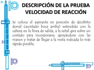 DESCRIPCIÓN DE LA PRUEBA
       VELOCIDAD DE REACCIÓN
Se coloca el aspirante en posición de decúbito
dorsal (acostado boca arriba) extendido con la
cabeza en la línea de salida, a la señal gira sobre un
costado para incorporarse, apoyándose con las
manos y tratar de llegar a la meta indicada lo más
rápido posible.
 